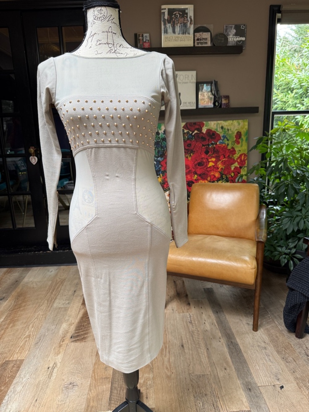Thomas Wylde Sheer/Knit Studded Bodycon Dress
